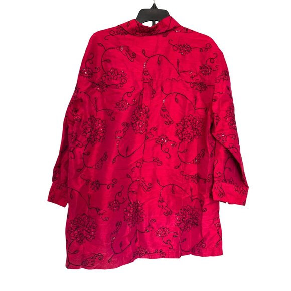 Bleu Bayou Dupioni Silk Womens Red Floral Tunic Shirt Size M Hand Embroidered - Picture 2 of 7